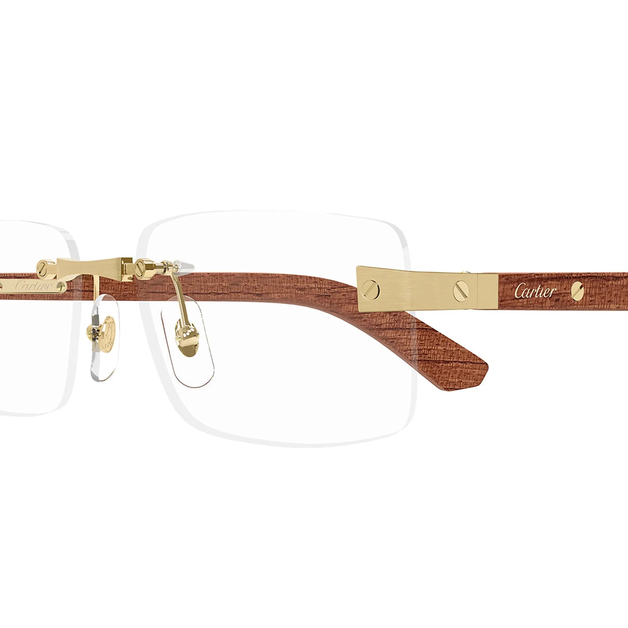 Detailed Front Side View of Cartier Eyewear CT0513O-002 Transparent Gold Brown Rimless Sunglasses